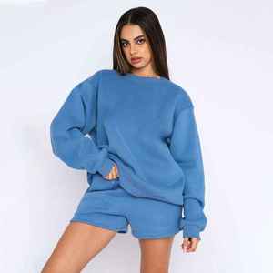Vente en gros d'élasthanne/polyester en éponge française Surdimensionné au-dessus du genou Ensemble sweat-shirt et short pour femme automne hiver - Product Image 2