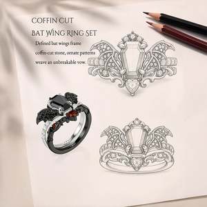 Ensemble de bagues de mariée Jeulia Until Death Black Coffin Cut Bat Wing - Product Image 5