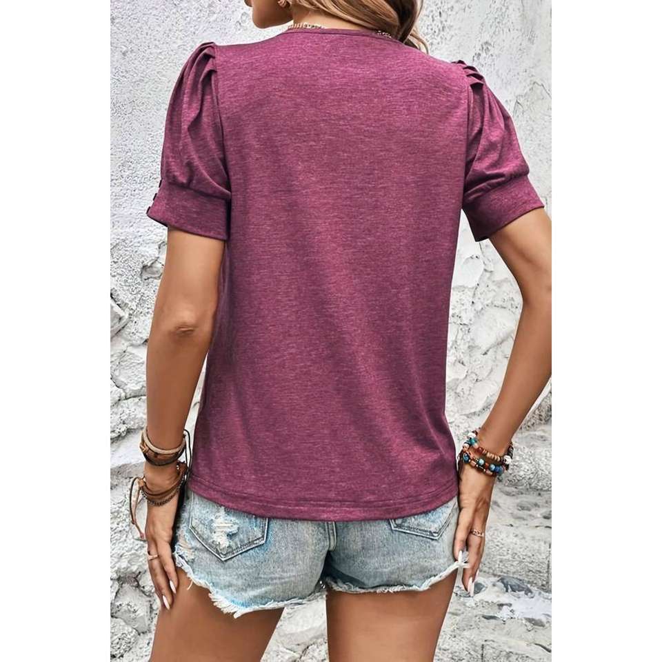 Short Sleeve Crew Neck Sleeve Detail Viscose Blouse Gray