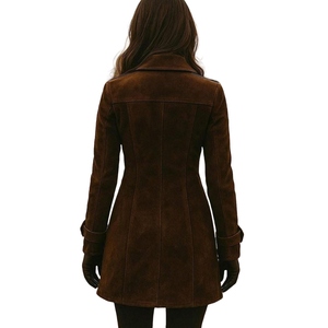 Blazer de piel de oveja con doble botonadura para mujer, verde gamuza, patrón sólido teñido liso, botón a prueba de viento, forro de seda/poliéster - Product Image 5