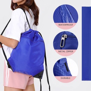 Blue Polyester <b>Drawstring</b> <b>Backpack</b> with Zippered Pocket Portable Sport Bag for Gym and Travel Gift Packaging - Product Image 5