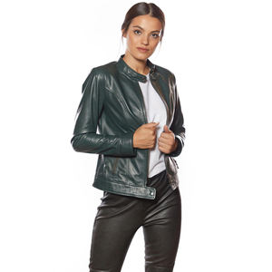 Veste en cuir sur mesure, style ajusté, fermeture éclair contrastée, veste en cuir courte pour femmes - Product Image 6