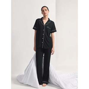 Conjunto de Pijama Clásico Suave para Mujer, de Bambú con Cintas a Rayas, Manga Corta, Tejido, Logotipo Personalizado, Media Cintura con Cordón, Primavera - Product Image 2