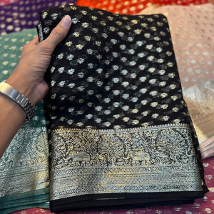Sari indien ethnique en viscose et soie Georgette pour femme, lourd, pour soirée, avec broderie Zari fantaisie et sequins, en stock - Product Image 1