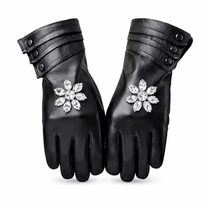 Guantes de Invierno de Cuero Premium para Mujer con Diseño de Flor de Cristal, Compatibles con Pantalla Táctil, Negros, Cálidos y Elegantes para Fiestas - Product Image 1