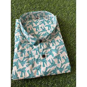 Men's Aqua Blue Bird Print Casual <b>Half</b> Sleeve Poplin Cotton <b>Shirt</b> Breathable <b>Button</b>-Up Collar Western Style XL 3XL (SHKN1075) - Product Image 2