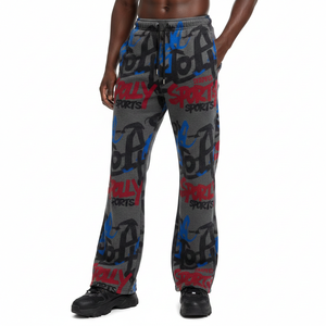 <b>Men</b> Flare Pant Premium Polyester Cotton Fleece 280 GSM Soft Grey <b>Red</b> Blue All Over Print Custom Screen Logo <b>Men's</b> Pant - Product Image 1