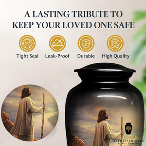 Handcrafted Aluminum Cremation <b>Urn</b> Jesus Engraved Cremation <b>Urns</b> | Meena Coating | Leak-Proof Design (Keepsake & <b>Large</b> Options) - Product Image 3