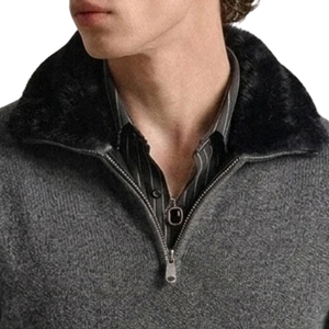 Pull en tricot pour homme gris anthracite uni avec col zippé, en laine/nylon, col en fausse fourrure, poignets et ourlet côtelés, pour la vente en gros, vêtements d'hiver - Product Image 6