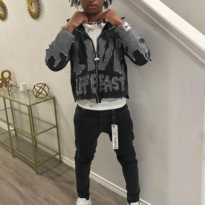 เสื้อฮู้ดผู้ชายแบบมีซิปผ้าซักลายกรดซีดจางมีฮู้ดผ้าปะติด - Product Image 5