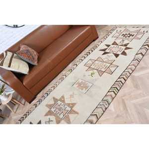 3.37x10.1 ft Vintage <b>Wool</b> Turkish Runner Rug <b>Brown</b> White Floral Patchwork Design with Latex Backing - Product Image 4