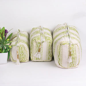 Indian Handmade Women's White <b>Quilted</b> Zippered Fashion <b>Makeup</b> <b>Bag</b> Multifunctional Reusable Cosmetic Organizer Printed Logo - Product Image 1