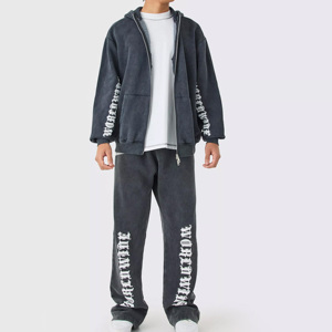 Conjuntos de pantalones de chándal con capucha para correr de alta calidad, chándales acampanados con lavado ácido de piedra de gran tamaño con logotipo personalizado para hombres - Product Image 1