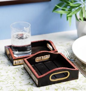 Juego de dos bandejas de madera de mango pintadas lateralmente con asas, bandeja decorativa para servir, Plato decorativo para mesa de desayuno - Product Image 2