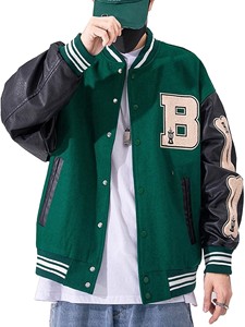 Manteaux streetwear décontractés unisexe à col montant veste universitaire en laine et cuir avec patch en toile anthracite/noir pour hommes femmes - Product Image 2