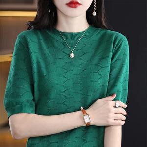 T-shirt d'été en coton pour femme, 100 % respirant, séchage rapide, personnalisable, col tricoté uni, manches courtes, pull ample - Product Image 3