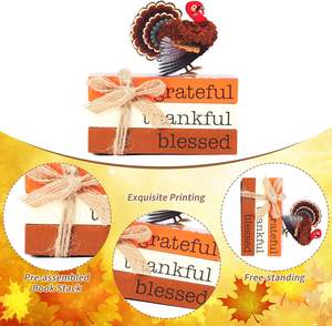 Thanksgiving Decoracion Fall Tiered Tray Decor, 3 Mini Wooden <b>Book</b> Stacks and 1 Wooden Turkey Are Perfect Decorations for Fall - Product Image 3