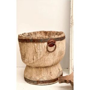 Antique & Vintage Brown Wooden Ukhali with Wood Handle Cylinderical Elegant Buckets Collection Made in India - Product Image 1