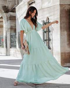 Alta Calidad recién llegados bohemio largo elegante cuello en V vacaciones media manga con escalonado verano Casual señoras Maxi vestido - Product Image 1