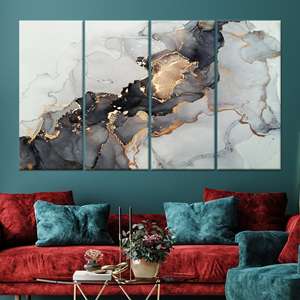 Art mural luxueux en verre marbré noir et or : Toile abstraite imprimée, toile enveloppée 4P - Product Image 1