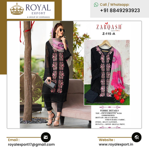 Tunique de créateur élégante de haute qualité Broderie lourde et motif élégant dans les manches avec col attrayant et pantalon fantaisie - Product Image 3