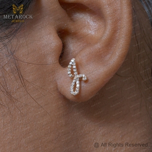 Sólido 14K oro amarillo J inicial Stud pendientes hechos a mano Pave diamante joyería nuevo diseñador J letra Stud alfabeto joyería - Product Image 3