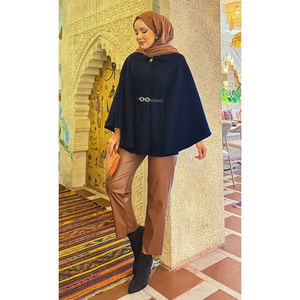 Poncho de Cachemira Azul Marino con Patrón Bordado, Logotipo Jacquard, Cinturón Desmontable y Detalles de Botones, Estilo Largo - Product Image 3