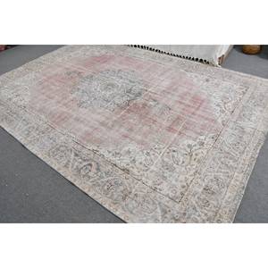 พรมขนสัตว์ตุรกีแบบวินเทจขนาดใหญ่7.5x10.8ฟุตสีชมพูงานปะต่อสีเบจสำหรับห้องนั่งเล่นห้องโถงยางที่ชอบ - Product Image 4