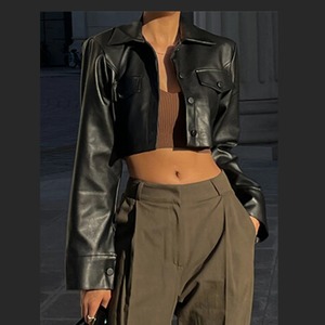 Women's Retro Cool Girl <b>Short</b> Leather <b>Jacket</b> Solid Color Casual Daily Long <b>Sleeve</b> Button <b>Jacket</b> Autumn Coat - Product Image 3
