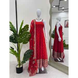 Beautiful Traditional Party Wear Gown Dupatta Salwar Kameez Foux Georgette Micro Work Thread Sequence Inner <b>Fabric</b> <b>Indian</b> - Product Image 1