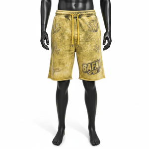 Shorts en coton French Terry épais 340 GSM, délavés à l'acide, jaunes, avec logo clouté, pour homme - Product Image 6