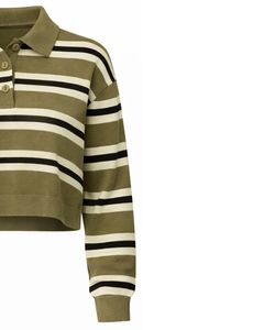 Pull Polo Court Rayé Vert Olive Personnalisé pour Femme avec Patte de Boutonnage Manches Longues Tricot Doux Décontracté Mode Hiver - Product Image 4