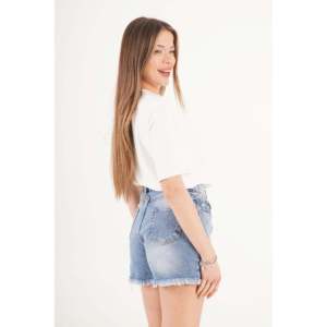 Shorts de Mezclilla para Mujer LUSTRIN, Cintura Alta, Dobladillo Curvo, Estilo Desgastado - Shorts de Mezclilla Azules de Algodón al por Mayor para Tiendas Boutique - Product Image 4