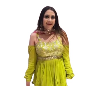 Lemon Yellow Pure Silk Georgette <b>Tunic</b> Kurti with Designer Sleeves Machine Embroidered Long Sharara Dress Salwar Kameez - Product Image 1