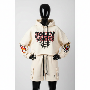 Premium 300 GSM Cotton Polyester Fleece Hoodie And Shorts <b>Set</b> Women Cream Streetwear Custom Logo Print <b>Embroidery</b> <b>Set</b> for Women - Product Image 4