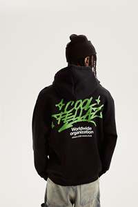 เสื้อสเวตเตอร์คอตตอนสีดำสำหรับผู้ชาย, เสื้อสเวตเตอร์คอตตอนผสมทรงหลวมใส่สบายพิมพ์ลายมีฮู้ดหูรูดมีกระเป๋าสไตล์จิงโจ้สำหรับฤดูหนาว - Product Image 4