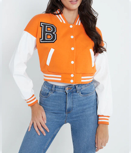 OEM Custom Women's Letterman <b>Jacket</b> Cropped Fit Lightweight Warm Cotton Filled Available in <b>Plus</b> <b>Sizes</b> and Multiple Colors - Product Image 1