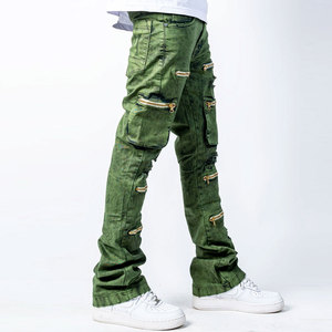 <b>Mens</b> <b>Green</b> Stacked Jeans Fashion Streetwear Multi Zipper Design Slim Fit Casual Denim Pants Stylish Modern <b>Trousers</b> OEM ODM - Product Image 2