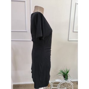 Robe courte en viscose à manches courtes et col enroulé pour femme avec détail asymétrique sur le devant, 35755 - Noir - Product Image 5