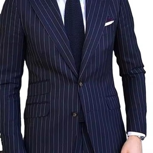 Bleu marine hommes d'affaires costume rayé 2025 coupe ajustée à fines rayures formel mariage smoking revers cranté mode costume pour hommes - Product Image 4