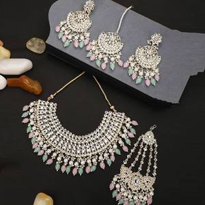 Collar y Pendientes de Circonita India de Alta Calidad Sin Cortar, Estilo Polki, 20 Quilates, Multicolor, Forma de Pera, Cuentas de 3 mm, Combo para Boda Sabyasachi - Product Image 1