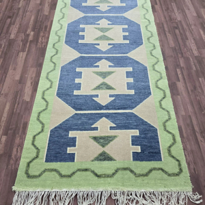 Hand Knotted Wool Geometric Kilim Runner Rug Blue & Green Tribal Pattern <b>Carpet</b> with Fringe Boho Hallway & Living Room Decor - Product Image 2
