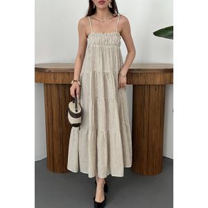Brown Spaghetti Strap Patchwork Midi Woven 100% Cotton <b>Muslin</b> <b>Dress</b> - Product Image 3