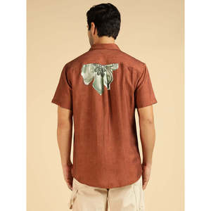 Amanush Men's Nylon <b>Tan</b> <b>Brown</b> Short Sleeve Placement Floral Printed Casual Shirt With Turn-down Collar Breathable Fabric Shirts - Product Image 4