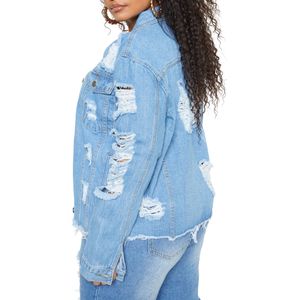 Veste en jean délavée à boutons, taille plus, style vintage, coupe extensible confortable et design déchiré tendance - Product Image 3