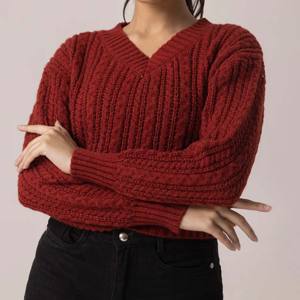 Pull en coton tricoté chaud d'hiver pour femme, col en V, respirant, style streetwear, avec logo frontal personnalisable - Product Image 3