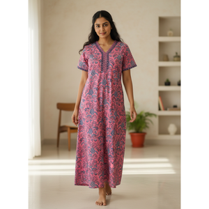 Vestido de Dormir 100% Algodón con Estampado Jaal Hecho a Mano, Camisón Suave Tejido con Diseño Floral y Cierre de Botones, Talla 3XL para Damas de Honor - Product Image 1