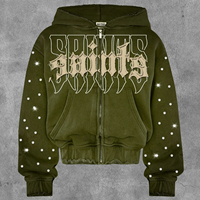 Sudadera con capucha y cremallera para hombre, estilo streetwear de invierno, corte cropped y holgado, 180 GSM, de felpa francesa, con efecto descolorido por el sol, pedrería y lavado ácido, de algodón/bambú