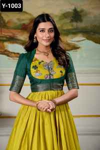 Vêtements ethniques indiens en soie Dola lourde avec imprimé Kalamkari avec tissage Zari Broder prêt à porter robes Anarkali pour femmes - Product Image 2