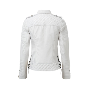 Chaqueta de cuero genuino para mujer 100% cuero de piel de oveja con cremallera brillante elegante chaqueta de motorista - Product Image 6